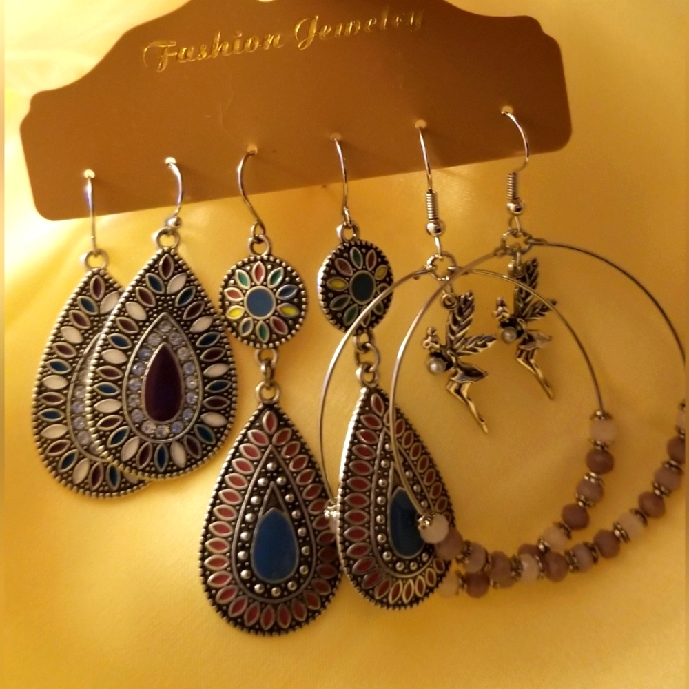 Bohemian style dangle and hoop earrings. Set of 3.